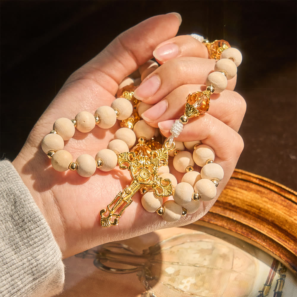 Christianartworkshop White Wood Bead Rosary with Champagne-Tone Accent: Faith & Calm Reminder for Quiet Moments - image 1