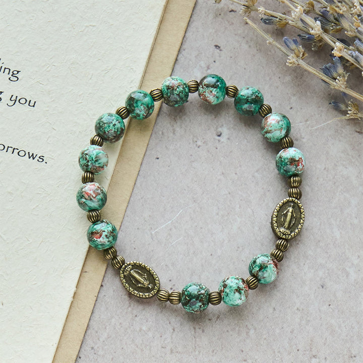 Christianartworkshop Vintage Red Green Glass Bracelet with Miraculous Medal: Faith & Grace Reminder for Daily Wear - image 3