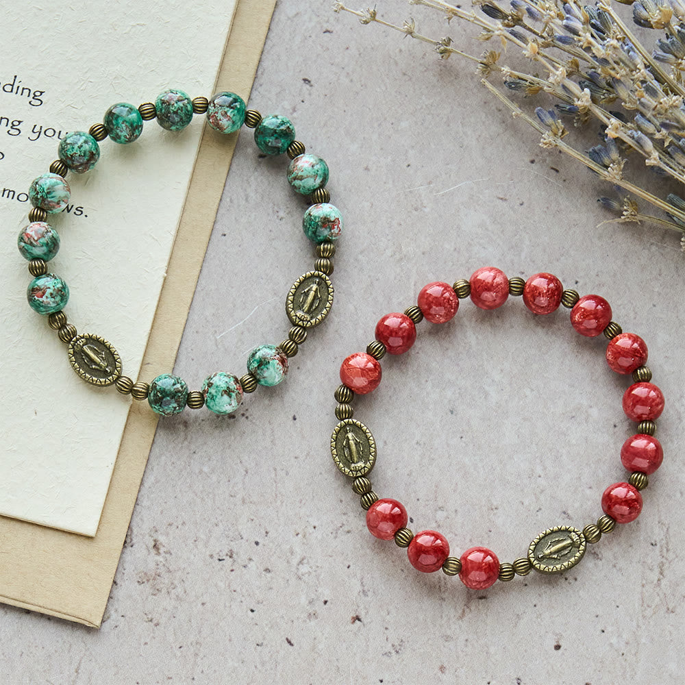 Christianartworkshop Vintage Red Green Glass Bracelet with Miraculous Medal: Faith & Grace Reminder for Daily Wear - Red - image 0