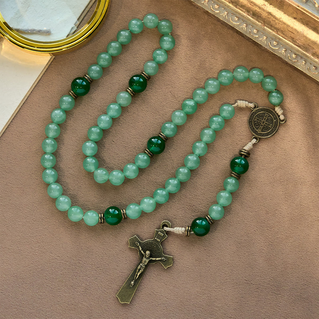 Christianartworkshop Blessed Green Aventurine Rosary: Jade Beads & St. Benedict Guardian Charm - Green - image 0
