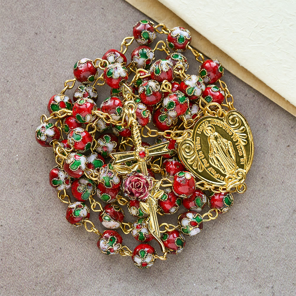 Christianartworkshop Vintage Enamel Devotion Rosary: Red-Green Beads & Golden Our Lady Heart Charm - Enamel Devotion Rosary - image 0