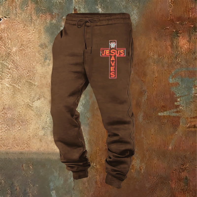 Christianartworkshop Cross & "Jesus Saves" Sweatpants: Daily Wear Tied to His Promise - Brown - 2XL - image 12