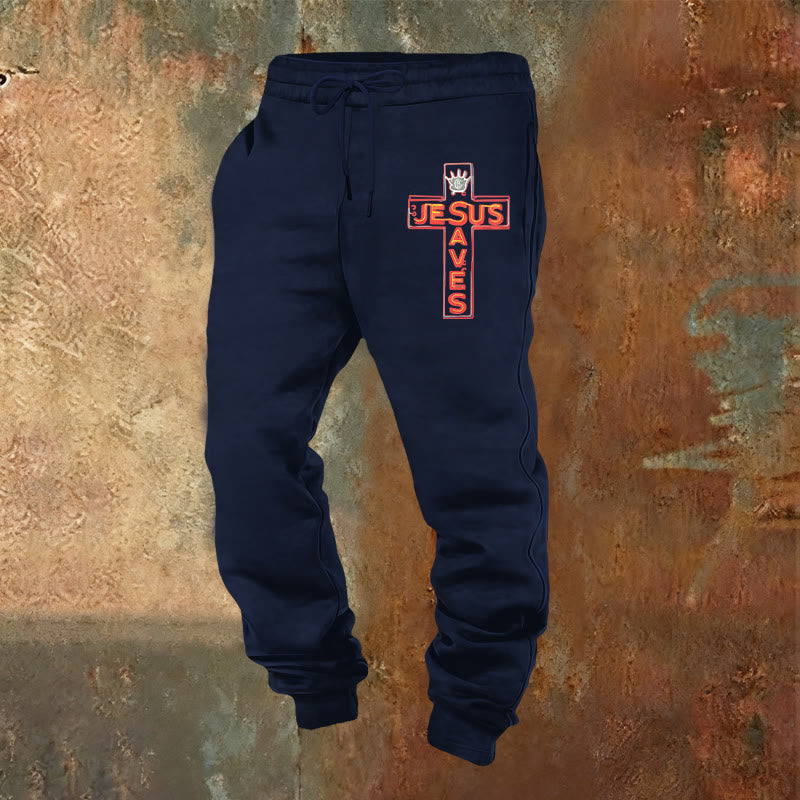 Christianartworkshop Cross & "Jesus Saves" Sweatpants: Daily Wear Tied to His Promise - Navy Blue - 2XL - image 0