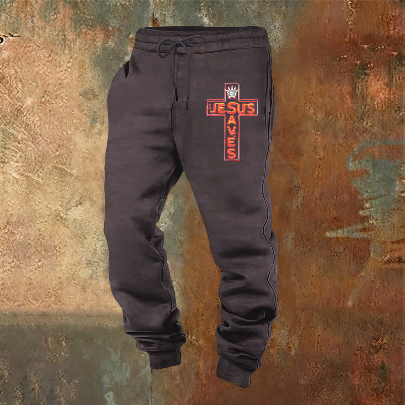 Christianartworkshop Cross & "Jesus Saves" Sweatpants: Daily Wear Tied to His Promise - Dark Grey - 2XL - image 4