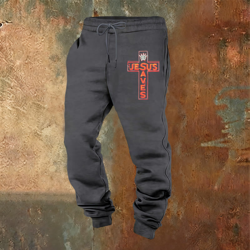 Christianartworkshop Cross & "Jesus Saves" Sweatpants: Daily Wear Tied to His Promise - Warm Grey - 2XL - image 16