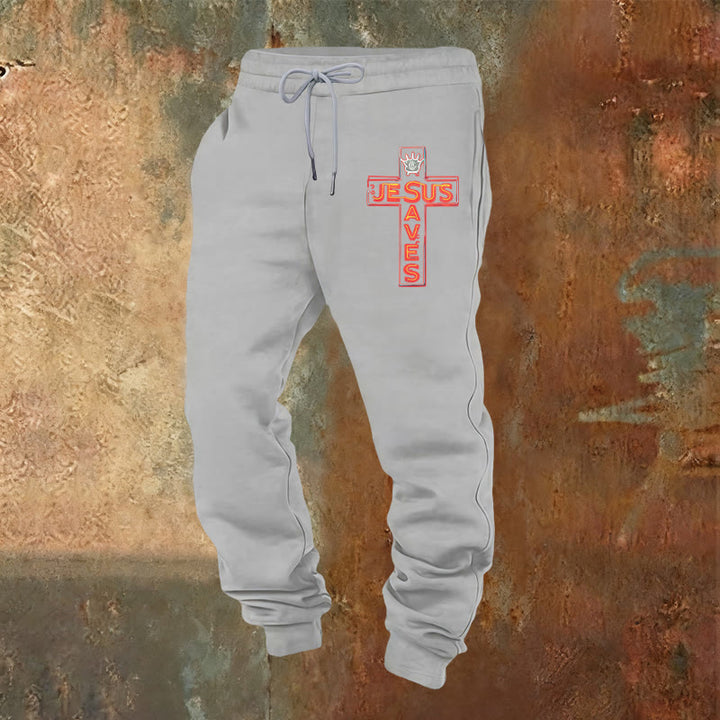 Christianartworkshop Cross & "Jesus Saves" Sweatpants: Daily Wear Tied to His Promise - Light Grey - 2XL - image 8