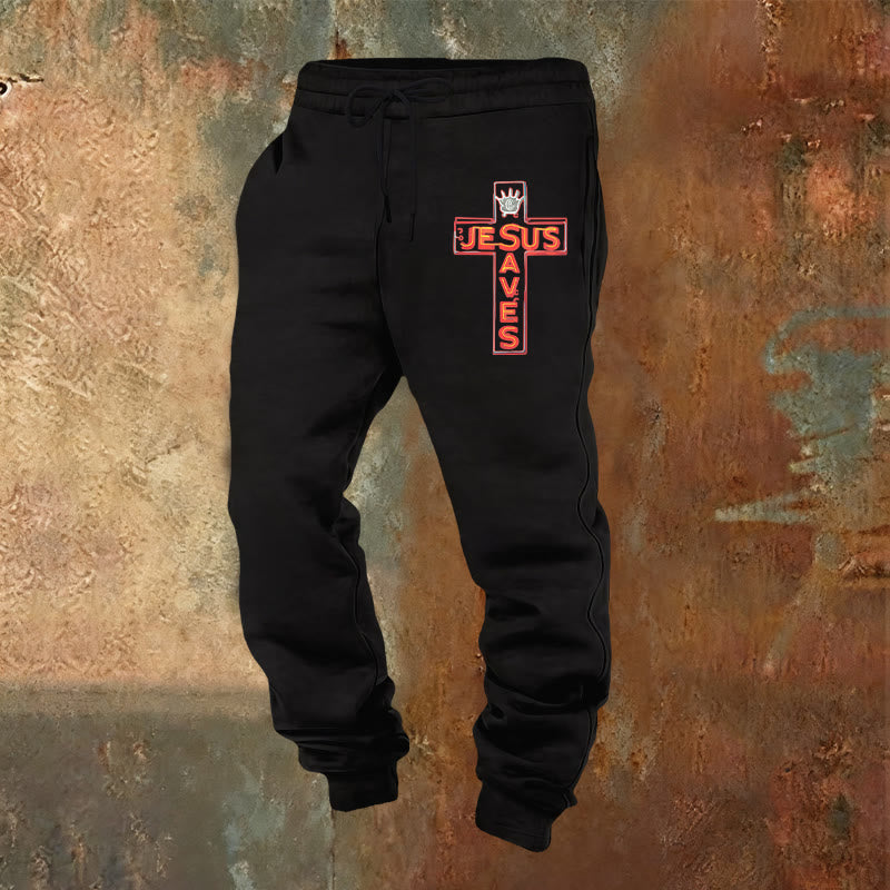 Christianartworkshop Cross & "Jesus Saves" Sweatpants: Daily Wear Tied to His Promise - Black - 2XL - image 20