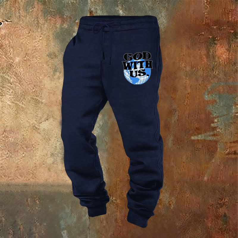 Christianartworkshop Globe & God With Us Sweatpants: Cozy Reminders of His Nearness - Navy Blue - 2XL - image 8