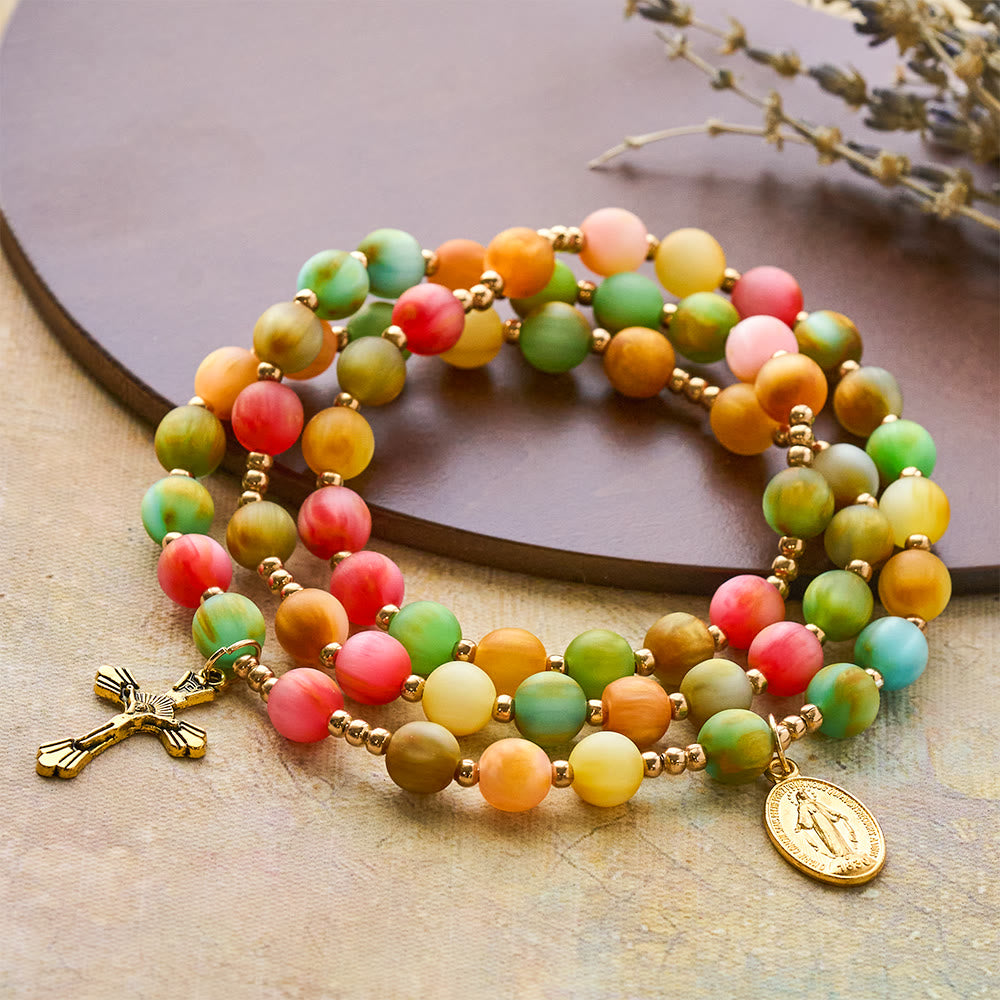 Christianartworkshop Rainbow Glow Vibrant Faith Rosary Bracelet: Colorful Beads & Sacred Golden Our Lady - Our Lady & Crucifix - image 0