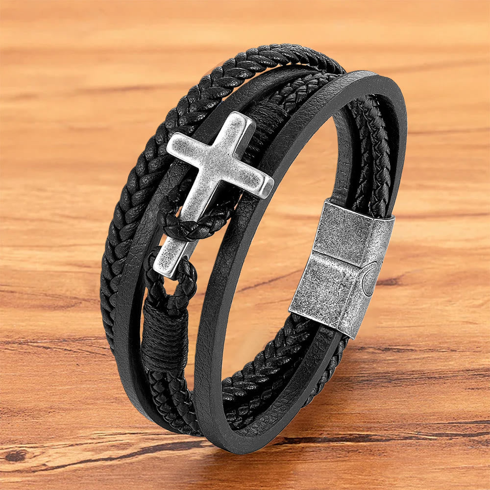 Christianartworkshop Tri - Color Stainless Steel Cross & Braided Leather Fashion Bracelet - Retro Cross#Black - 23CM - image 20
