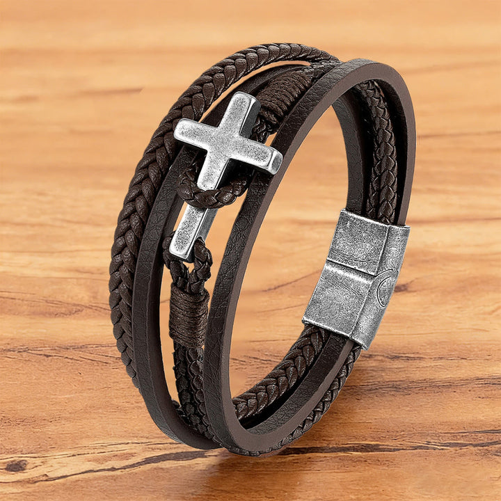 Christianartworkshop Tri - Color Stainless Steel Cross & Braided Leather Fashion Bracelet - Retro Cross#Brown - 23CM - image 26