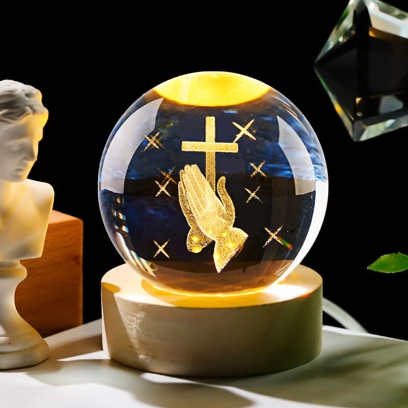 Christianartworkshop Sacred Crystal Ball Nightlight: Luminous Companion of Divine Presence - Prayer Hand with Cross - with Colorful Light Base - 8cm - image 0