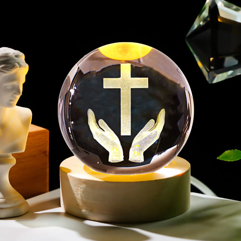 Christianartworkshop Sacred Crystal Ball Nightlight: Luminous Companion of Divine Presence - Hands & Cross - with Colorful Light Base - 8cm - image 9