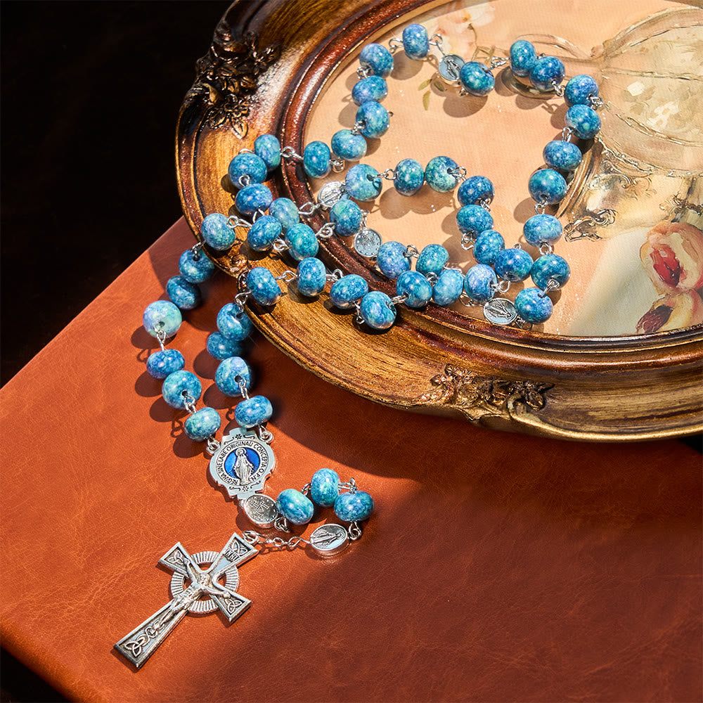 Christianartworkshop Blue Retro Flat-Bead Rosary with Our Lady Charm: Devotion in Uncommon Shape - Our Lady & Crucifix - image 0