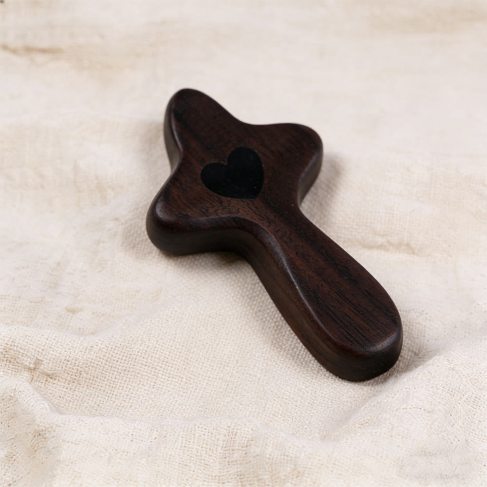 Christianartworkshop Walnut & Olive Wood Pocket Cross with Heart-Adorned: Natural Faith in Your Pocket - Black Walnut A - image 1