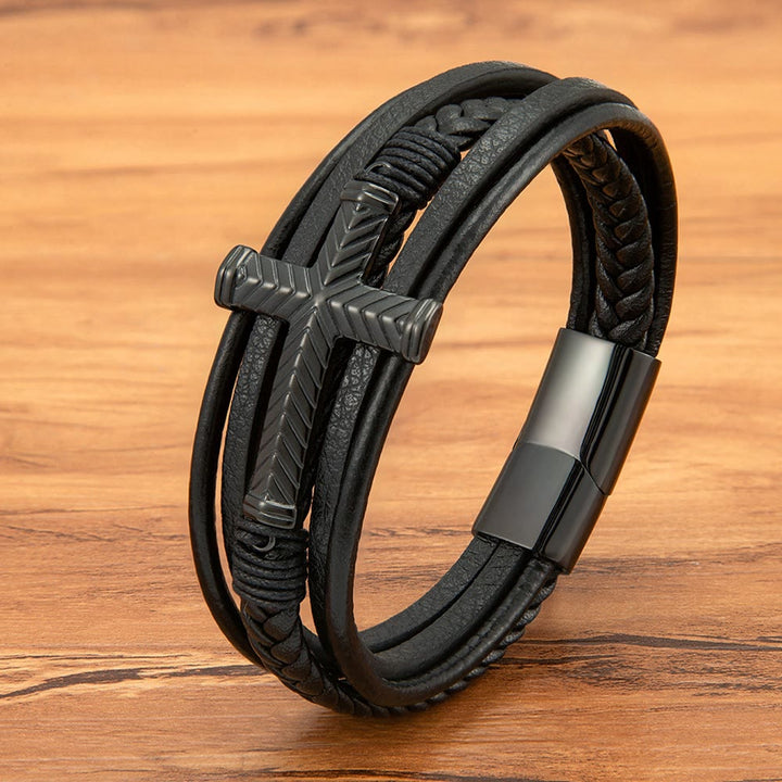 Christianartworkshop Three-Style Cross Leather Bracelet: Personalized Faith in Every Strand - Black - 9.1''/23cm - image 0