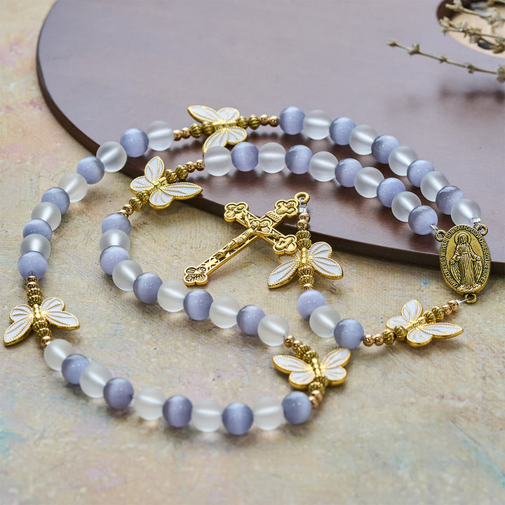 Christianartworkshop Purple Cat's Eye & Matte Glass Butterfly Blessed Rosary: Embody Sacred Love and Grace - Purple - image 0