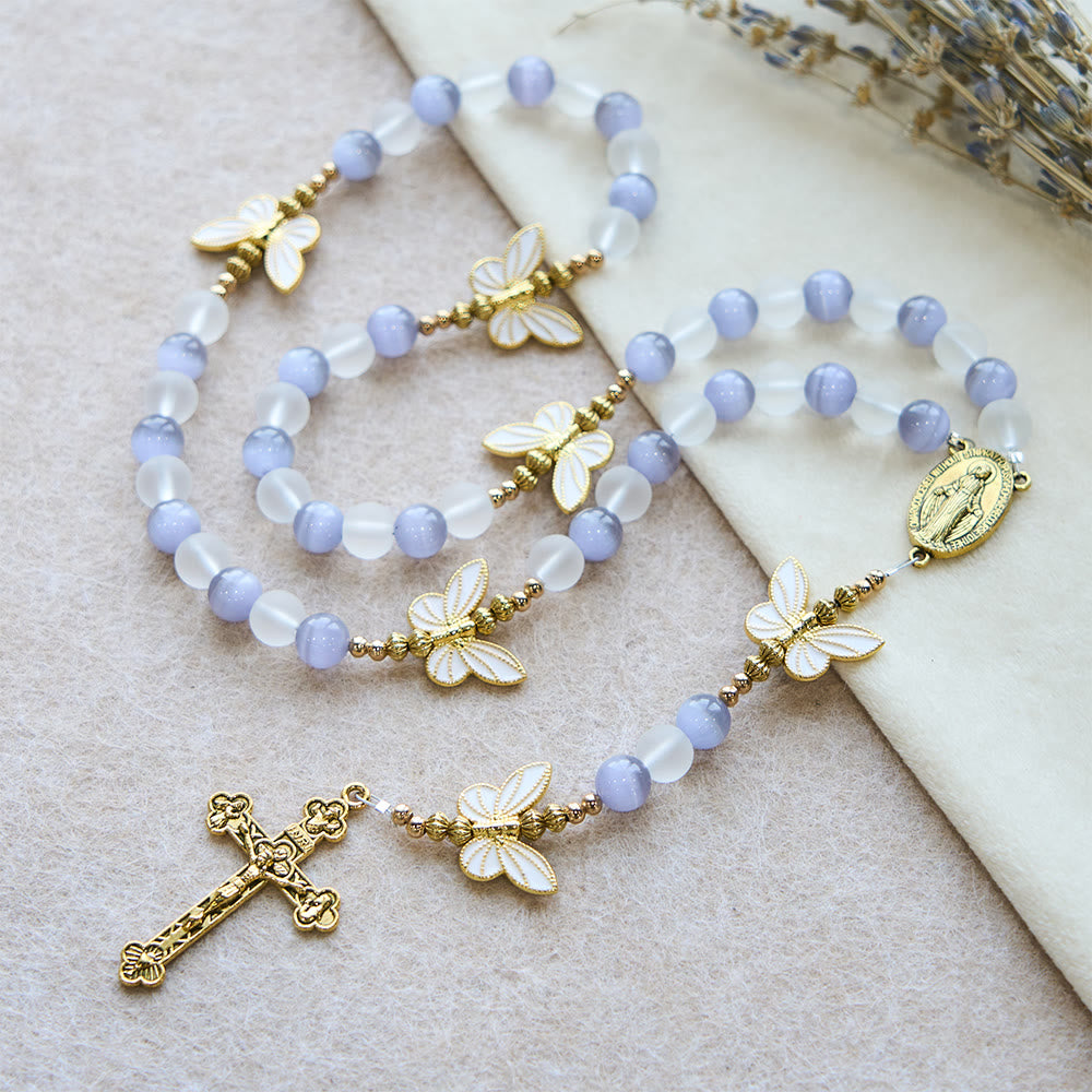 Christianartworkshop Purple Cat's Eye & Matte Glass Butterfly Blessed Rosary: Embody Sacred Love and Grace - image 9