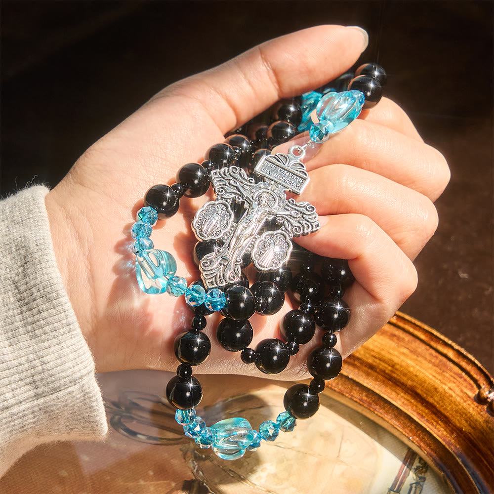 Christianartworkshop Black Bead & Blue Heart Rosary with St.Michael: Devotional Comfort in Every Strand - image 1