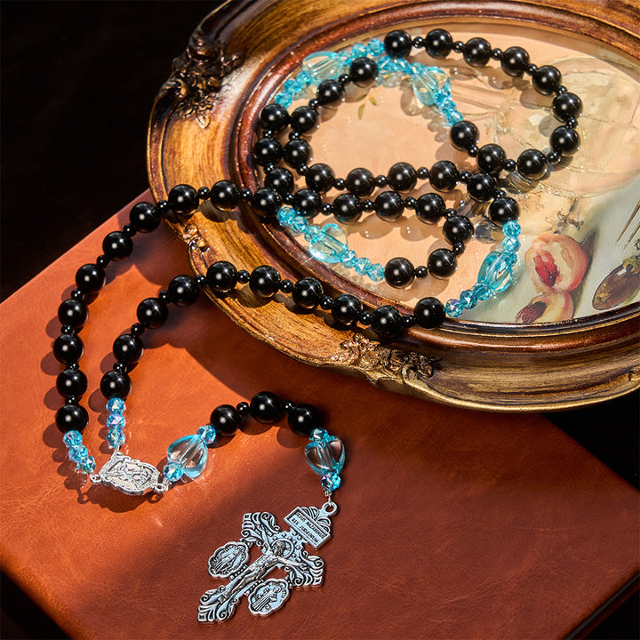 Christianartworkshop Black Bead & Blue Heart Rosary with St.Michael: Devotional Comfort in Every Strand - image 2