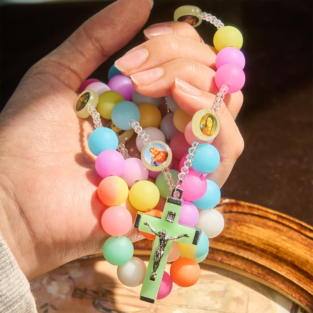 Christianartworkshop Vibrant Colorful Glow-in-the-Dark Rosary with Saint Portraits: Faith That Lights Up the Night - image 1