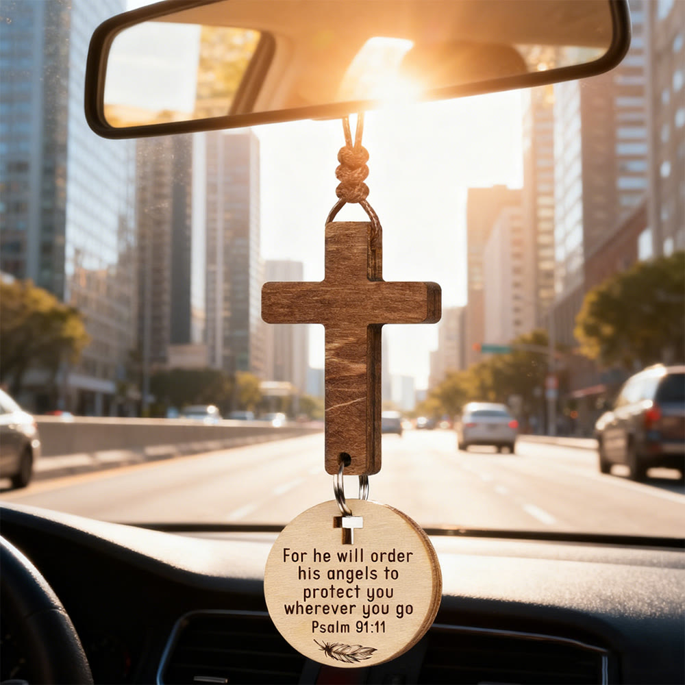 Christianartworkshop 3-Style Wooden Car Pendant with Gift Card: Devotion Wrapped in Natural Style - Psalm 91:11 - image 0
