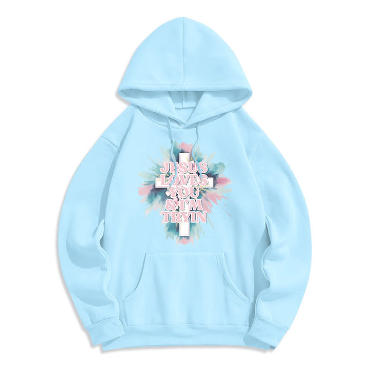 Christianartworkshop  Jesus Loves You I'm Still Tryin Fleece Lined Polyester Hoodie - Blue - 2XL - image 4