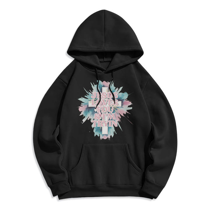 Christianartworkshop  Jesus Loves You I'm Still Tryin Fleece Lined Polyester Hoodie - Black - 2XL - image 8