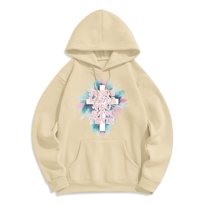 Christianartworkshop  Jesus Loves You I'm Still Tryin Fleece Lined Polyester Hoodie - Beige - 2XL - image 5