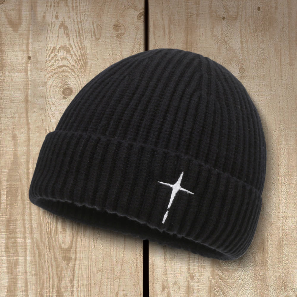 Christianartworkshop Subtle Cross Embroidered Beanie: His Grace in Cold Days - Black - Head Circumference: 54–60cm / 21.26''–23.62'' - image 0