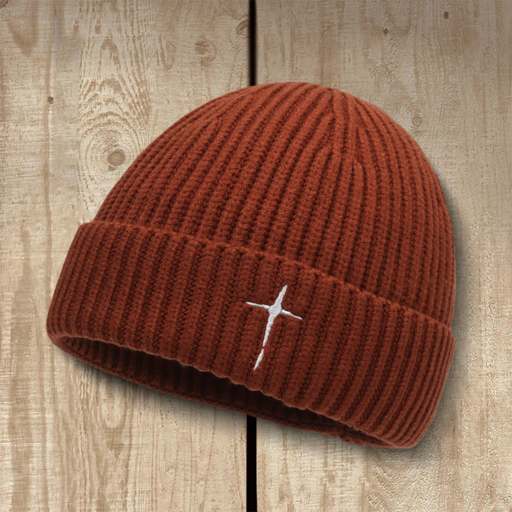 Christianartworkshop Subtle Cross Embroidered Beanie: His Grace in Cold Days - Brown - image 6