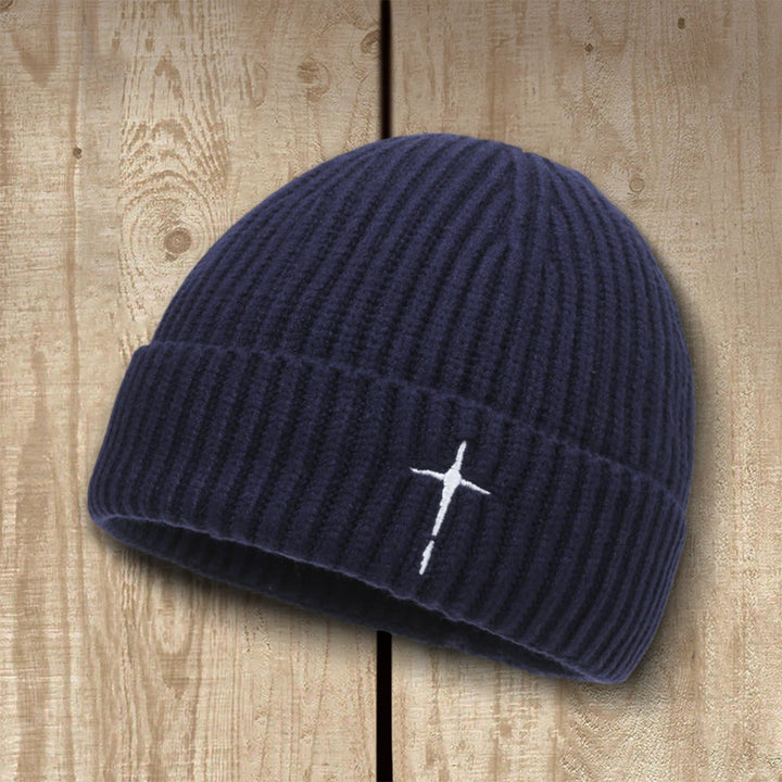 Christianartworkshop Subtle Cross Embroidered Beanie: His Grace in Cold Days - Navy Blue - Head Circumference: 54–60cm / 21.26''–23.62'' - image 4