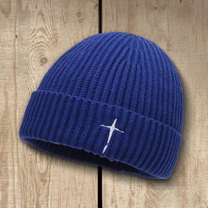 Christianartworkshop Subtle Cross Embroidered Beanie: His Grace in Cold Days - Royal Blue - image 3