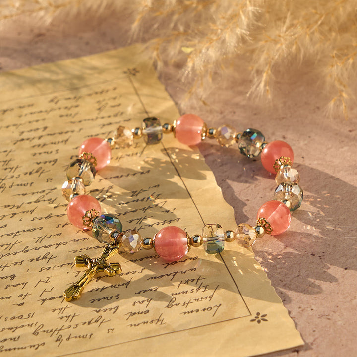 Christianartworkshop Pink Crystal & Multi-Faceted Bead Bracelet with Golden Crucifix: Dazzling Faith for Daily Style - Wrist Circumference: 7.87"/20cm - image 0