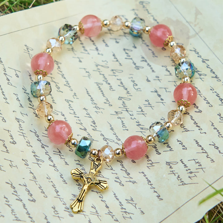 Christianartworkshop Pink Crystal & Multi-Faceted Bead Bracelet with Golden Crucifix: Dazzling Faith for Daily Style - image 2