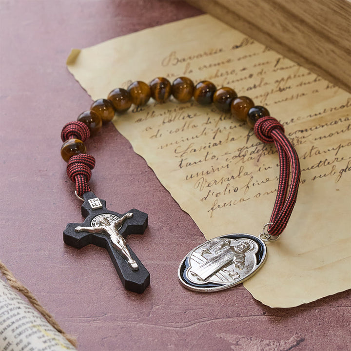 Christianartworkshop Tiger Eye Pocket Rosary with Courage & Protection: Blessed St. Benedict Exorcism Medal & Cross - St. Benedict & Crucifix - image 0