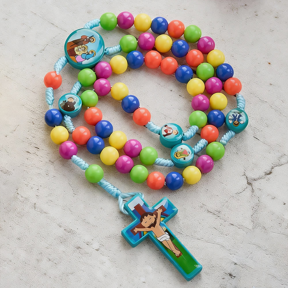 Christianartworkshop Colorful Children Rosary with Holy Family & Saint Charms: Child-Friendly Faith Prayer Beads - Blue - image 0