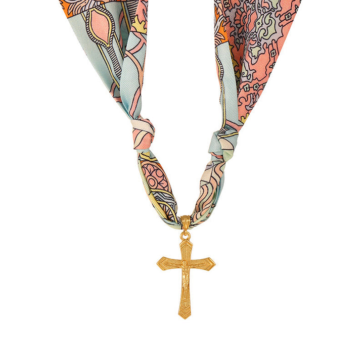 Christianartworkshop Vibrant Pattern Scarf with Cross Necklace Series: Graceful Devotion for Daily Wear - LIght Blue - image 7