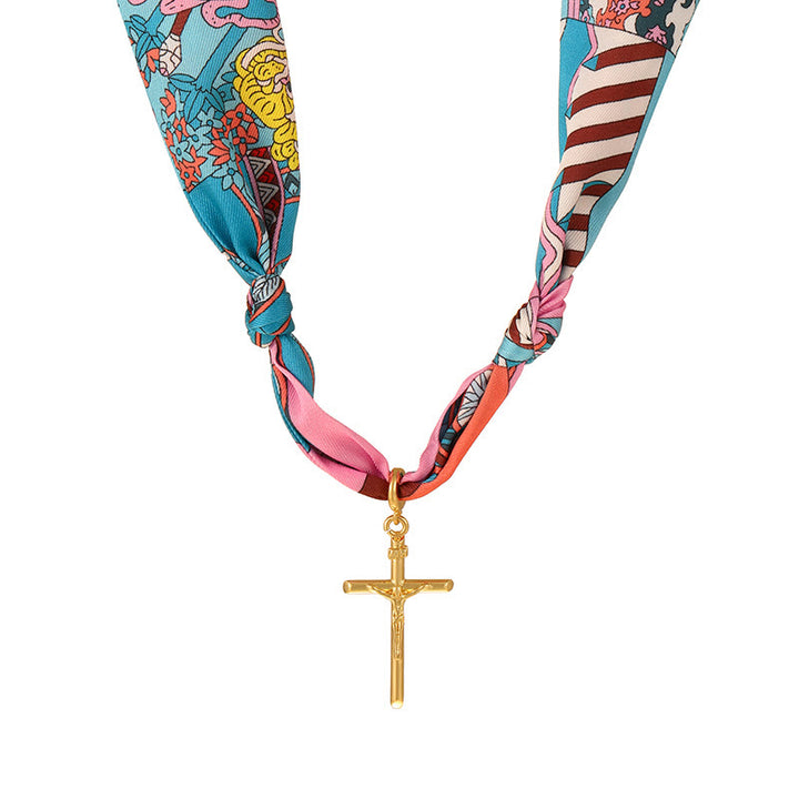Christianartworkshop Vibrant Pattern Scarf with Cross Necklace Series: Graceful Devotion for Daily Wear - Pink & Blue - image 8