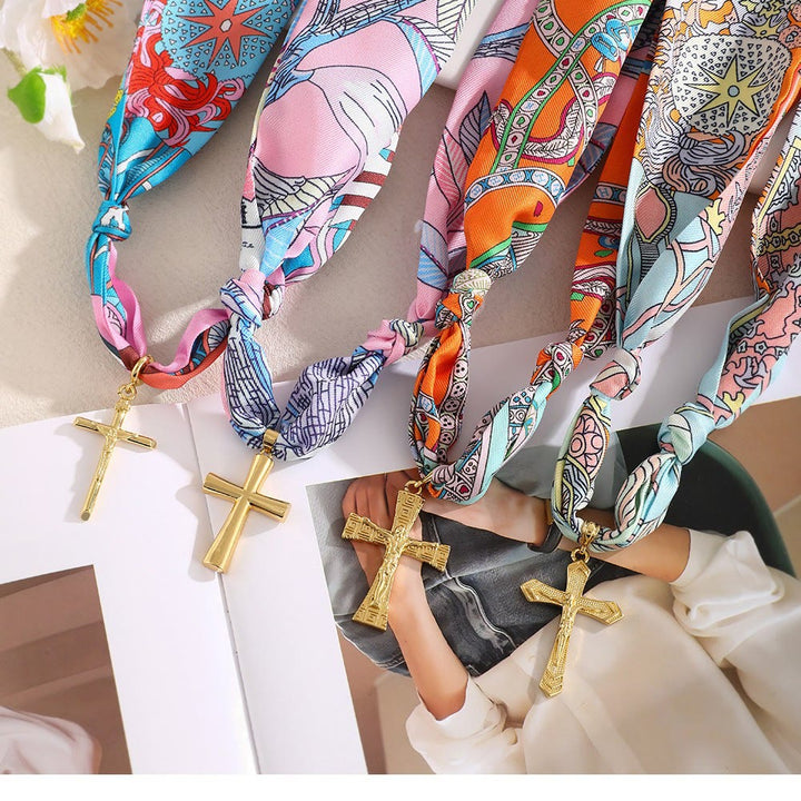 Christianartworkshop Vibrant Pattern Scarf with Cross Necklace Series: Graceful Devotion for Daily Wear - image 3