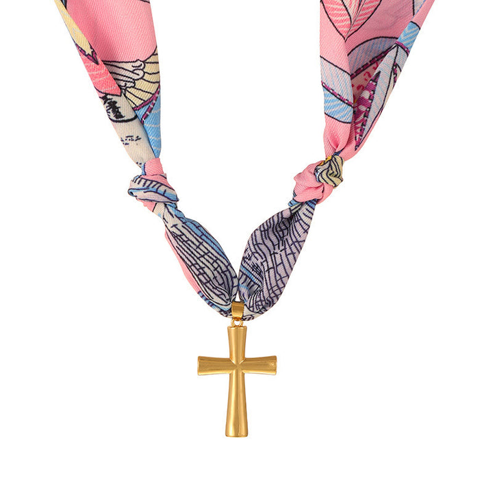 Christianartworkshop Vibrant Pattern Scarf with Cross Necklace Series: Graceful Devotion for Daily Wear - Pink - image 6
