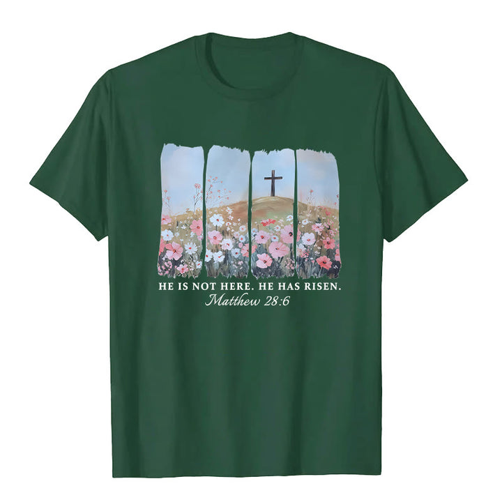 Christianartworkshop He Has Risen Faith-Inspired Floral Cross T-Shirt - Dark Green - 2XL - image 7