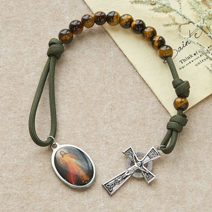 Christianartworkshop Tiger Eye Pocket Rosary with Divine Mercy: Courage & Faith with Paracord Design - image 2