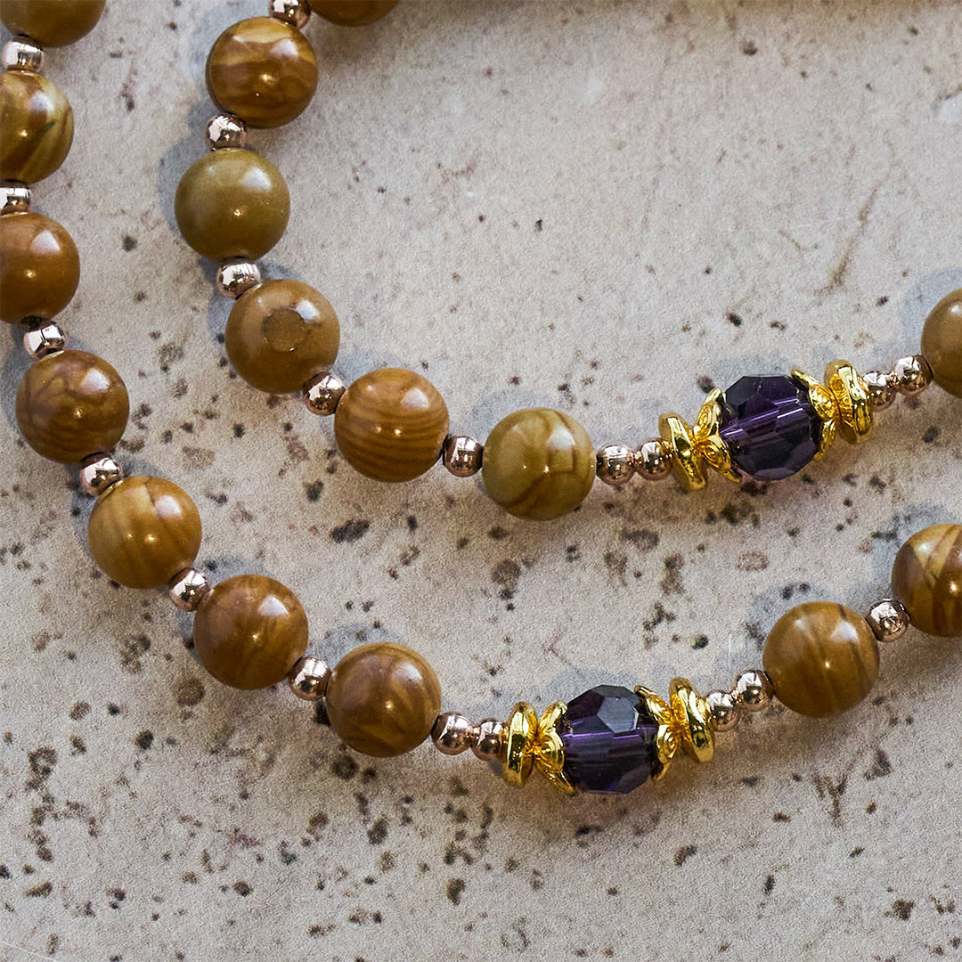 Christianartworkshop Natural Yellow Wood Grain Stone Rosary with Holy Grail Trijunction & Violet Accent - image 7