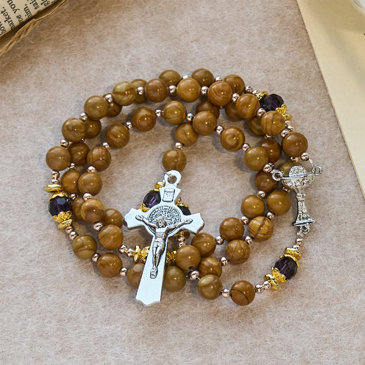 Christianartworkshop Natural Yellow Wood Grain Stone Rosary with Holy Grail Trijunction & Violet Accent - image 3