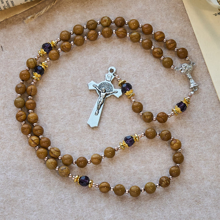 Christianartworkshop Natural Yellow Wood Grain Stone Rosary with Holy Grail Trijunction & Violet Accent - image 4