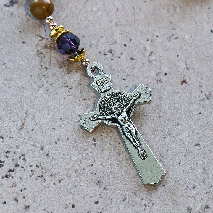 Christianartworkshop Natural Yellow Wood Grain Stone Rosary with Holy Grail Trijunction & Violet Accent - image 9