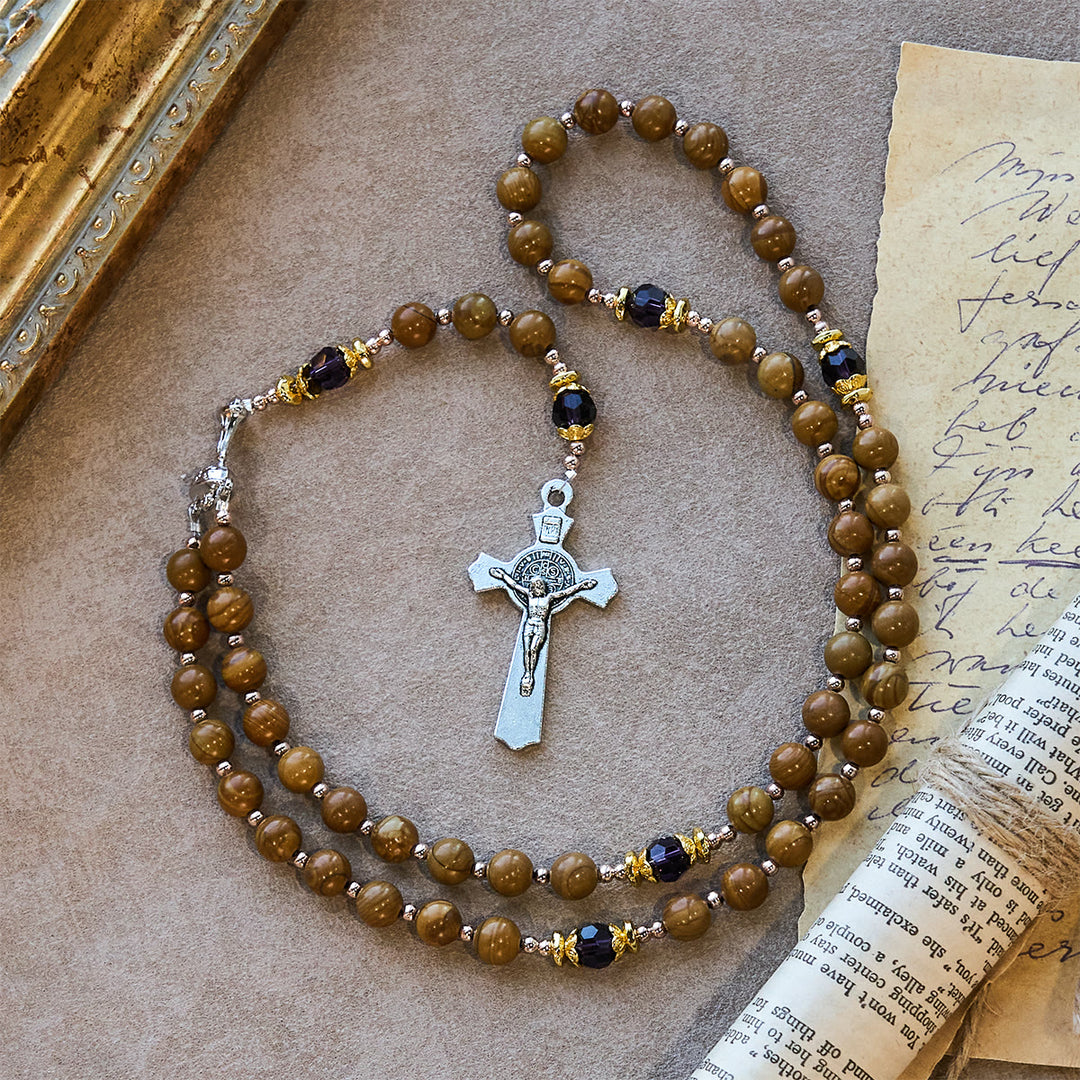 Christianartworkshop Natural Yellow Wood Grain Stone Rosary with Holy Grail Trijunction & Violet Accent - image 6