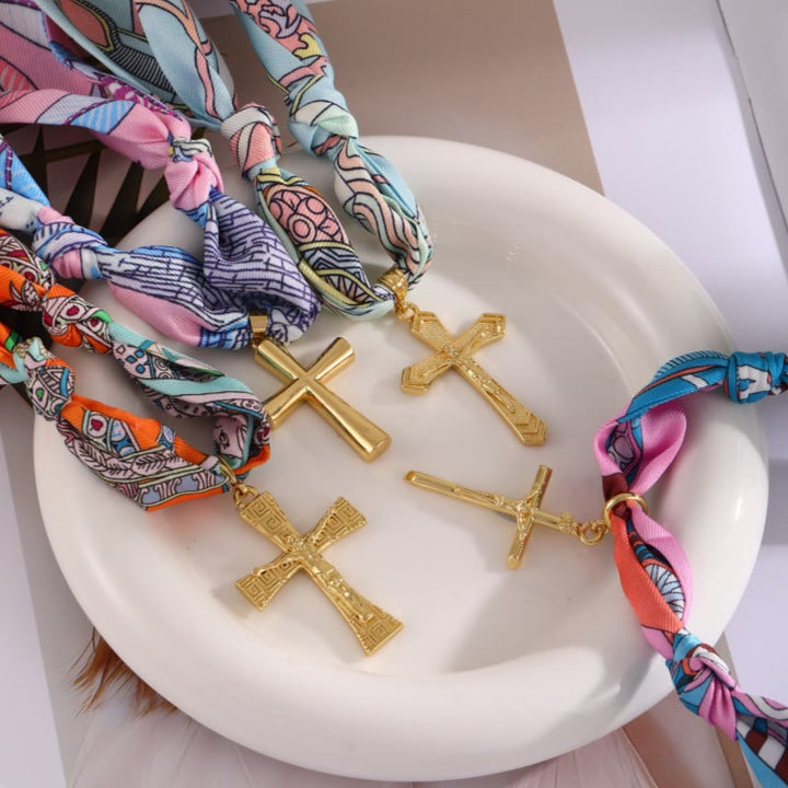 Christianartworkshop Vibrant Pattern Scarf with Cross Necklace Series: Graceful Devotion for Daily Wear - Orange  - image 0