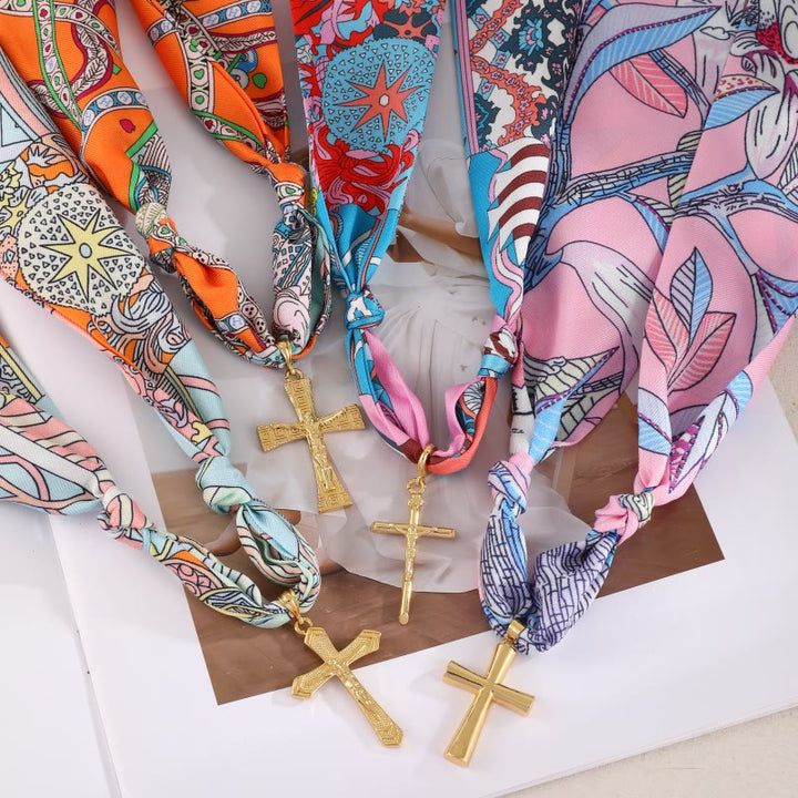 Christianartworkshop Vibrant Pattern Scarf with Cross Necklace Series: Graceful Devotion for Daily Wear - image 4